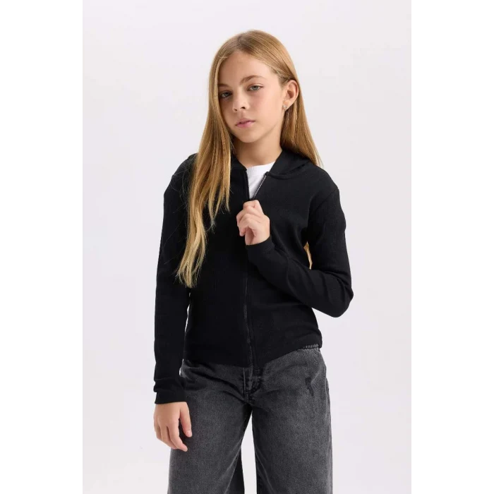 D3350 Kapüşonlu Fitilli Fermuarlı Siyah Kaşkorse Hırka