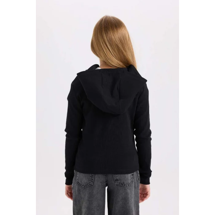 D3350 Kapüşonlu Fitilli Fermuarlı Siyah Kaşkorse Hırka