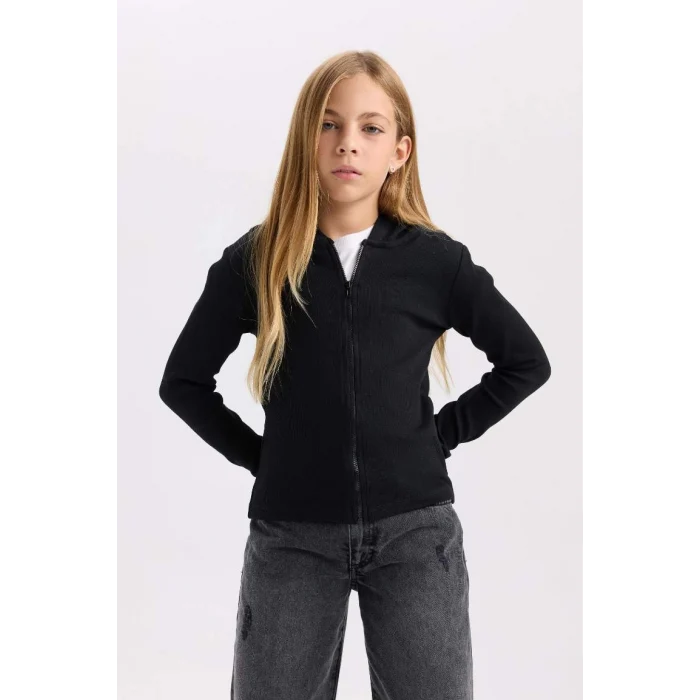 D3350 Kapüşonlu Fitilli Fermuarlı Siyah Kaşkorse Hırka