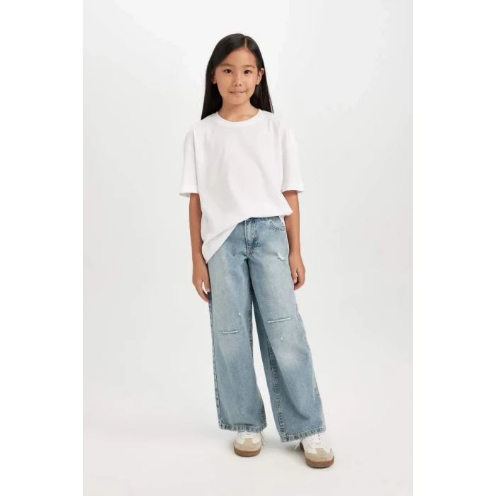 D3371 Wide Leg Jean Yırtık Detaylı Cepli Geniş Bol Paça Pantolon