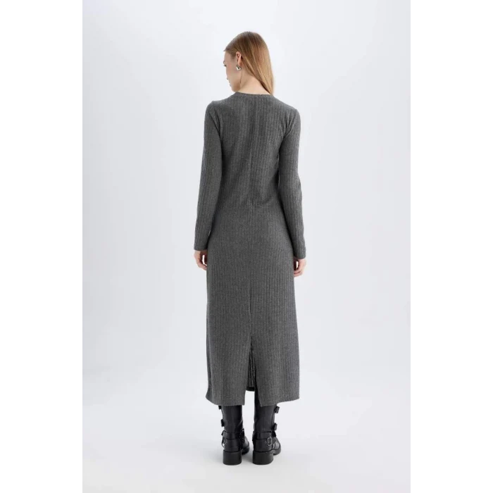 D3373 Bodycon Vücudu Saran Bisiklet Yaka Basic Düz Kaşkorse Uzun Kollu Maxi Elbise