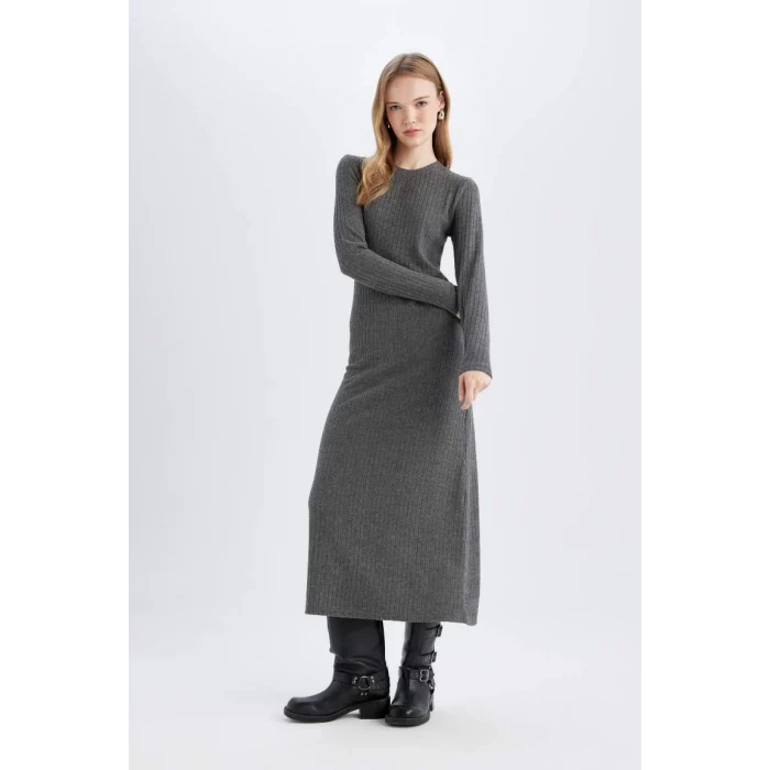 D3373 Bodycon Vücudu Saran Bisiklet Yaka Basic Düz Kaşkorse Uzun Kollu Maxi Elbise