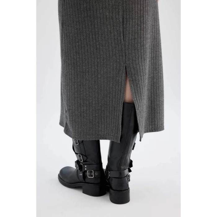 D3373 Bodycon Vücudu Saran Bisiklet Yaka Basic Düz Kaşkorse Uzun Kollu Maxi Elbise