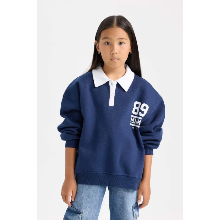 D3497 Oversize Fit Polo Yaka Baskılı Sweat Shirt