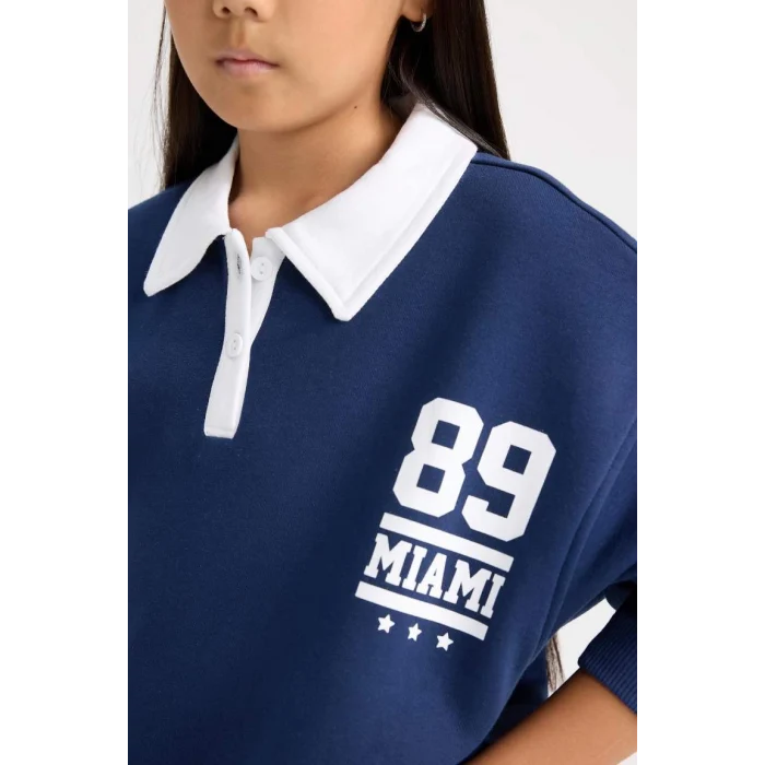 D3497 Oversize Fit Polo Yaka Baskılı Sweat Shirt