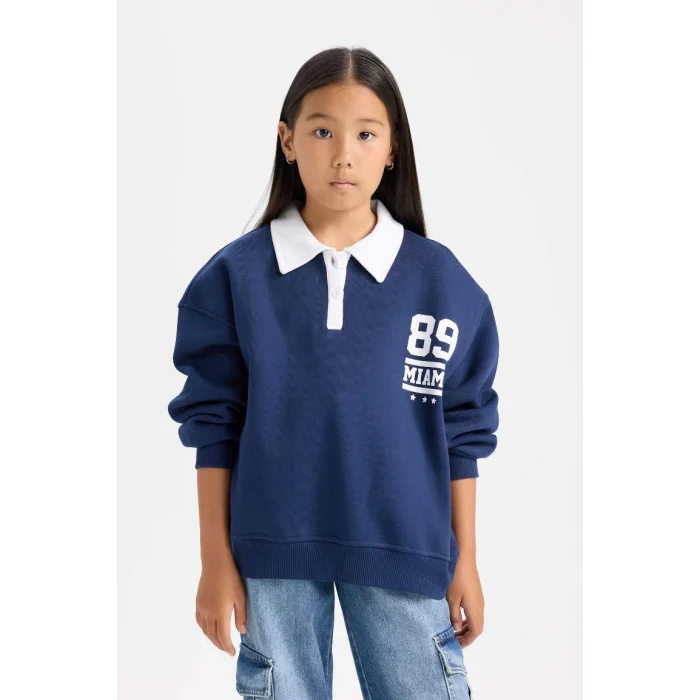 D3497 Oversize Fit Polo Yaka Baskılı Sweat Shirt