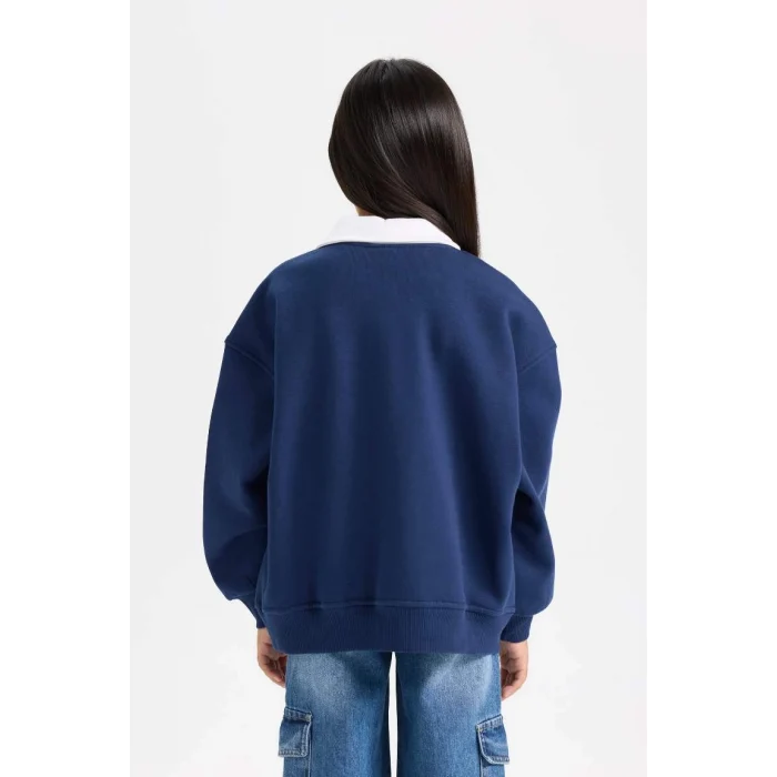 D3497 Oversize Fit Polo Yaka Baskılı Sweat Shirt