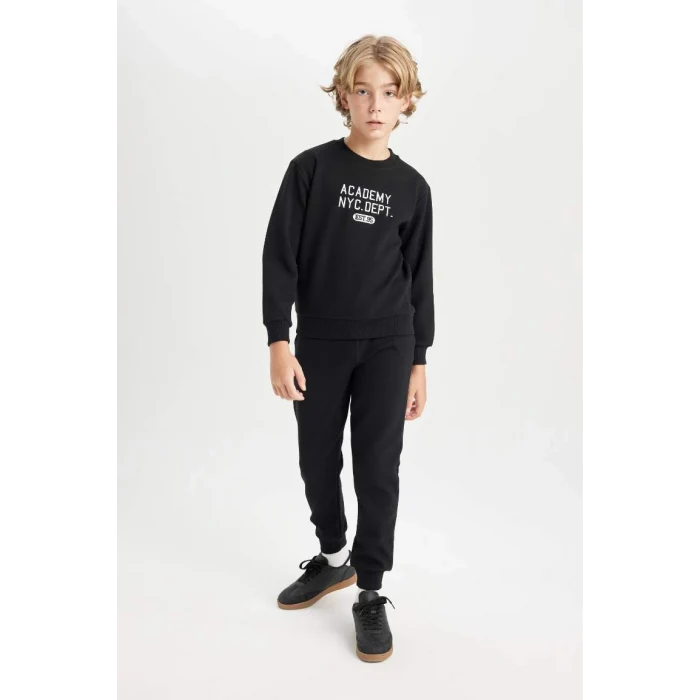 D3560 Erkek Çocuk 2li Takım Baskılı Bisiklet Yaka Sweatshirt Üst Beli Lastikli Jogger Eşofman Altı
