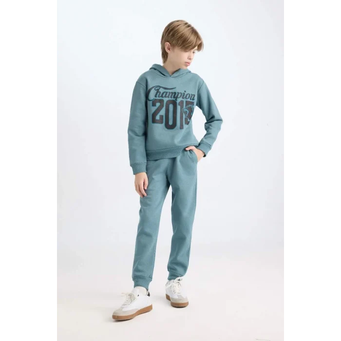 D3561 Erkek Çocuk Kapüşonlu Baskılı Sweatshirt Beli Lastikli Eşofman Altı 2li Takım