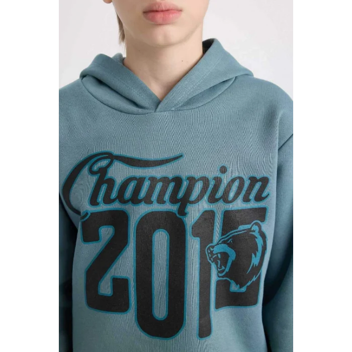 D3561 Erkek Çocuk Kapüşonlu Baskılı Sweatshirt Beli Lastikli Eşofman Altı 2li Takım