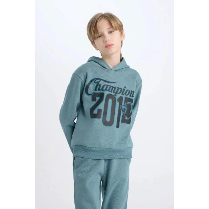 D3561 Erkek Çocuk Kapüşonlu Baskılı Sweatshirt Beli Lastikli Eşofman Altı 2li Takım