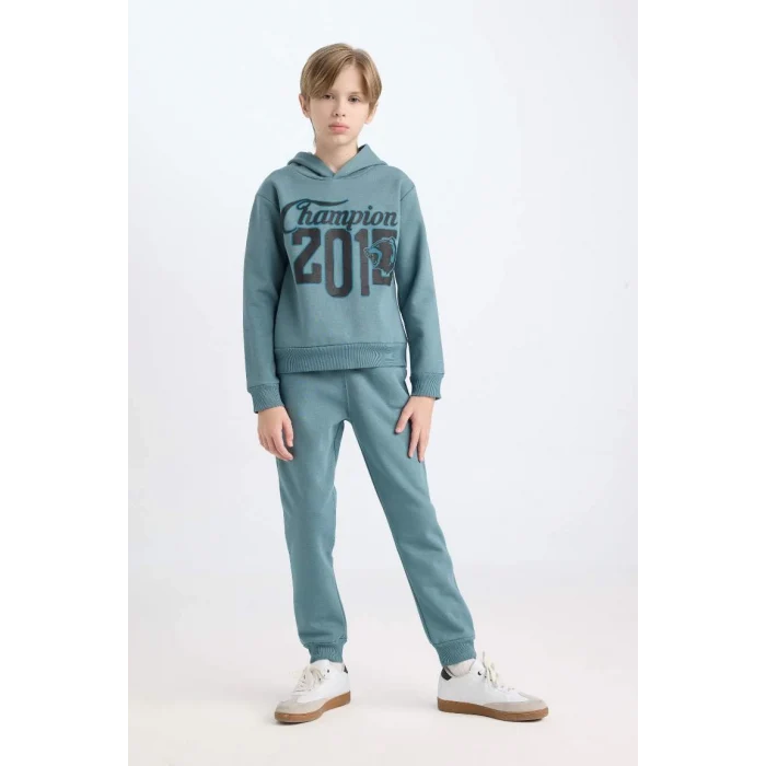 D3561 Erkek Çocuk Kapüşonlu Baskılı Sweatshirt Beli Lastikli Eşofman Altı 2li Takım