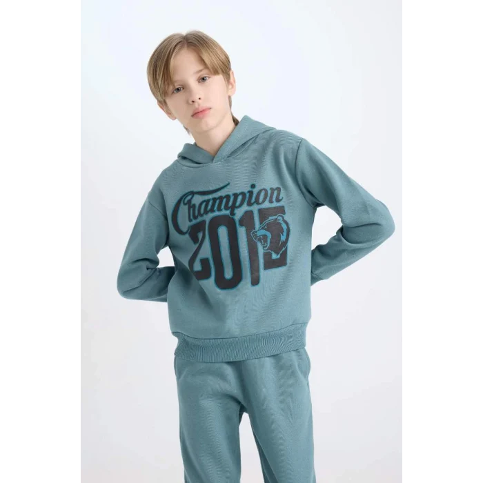 D3561 Erkek Çocuk Kapüşonlu Baskılı Sweatshirt Beli Lastikli Eşofman Altı 2li Takım