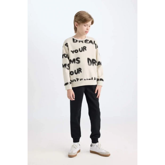 D3562 Desenli Bisiklet Yaka Kalın Sweatshirt Beli Lastikli Jogger Eşofman Altı 2li Takım