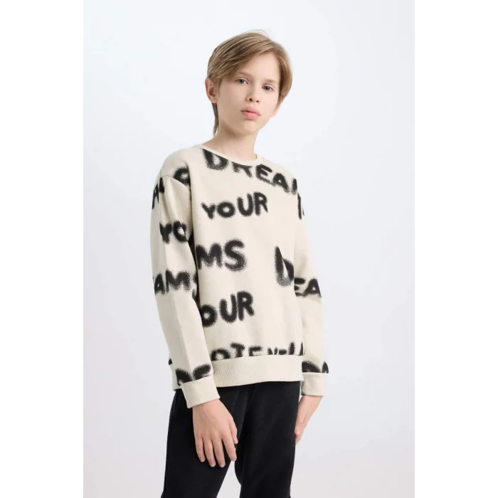 D3562 Desenli Bisiklet Yaka Kalın Sweatshirt Beli Lastikli Jogger Eşofman Altı 2li Takım