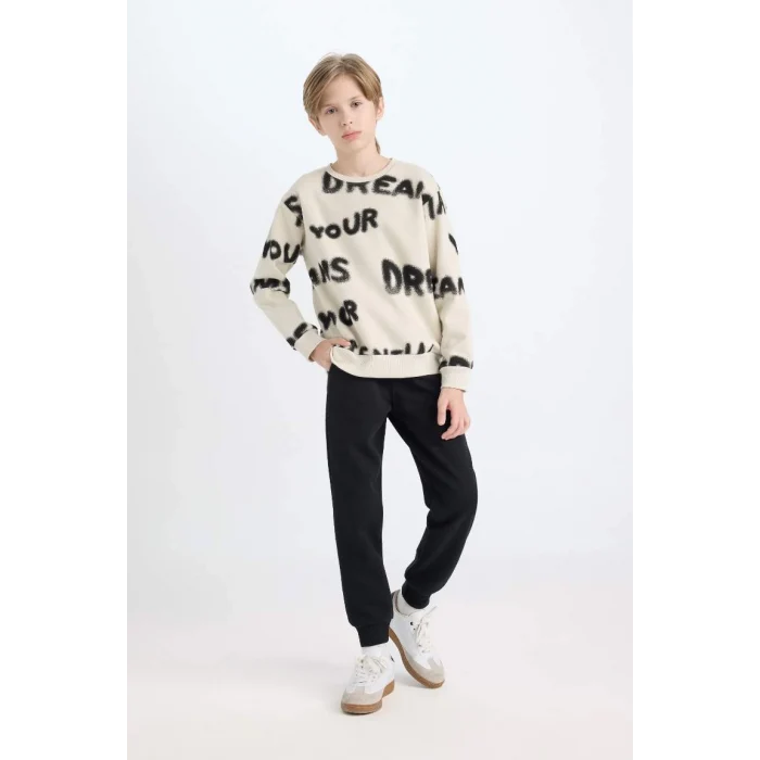 D3562 Desenli Bisiklet Yaka Kalın Sweatshirt Beli Lastikli Jogger Eşofman Altı 2li Takım