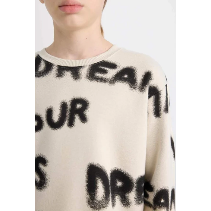 D3562 Desenli Bisiklet Yaka Kalın Sweatshirt Beli Lastikli Jogger Eşofman Altı 2li Takım