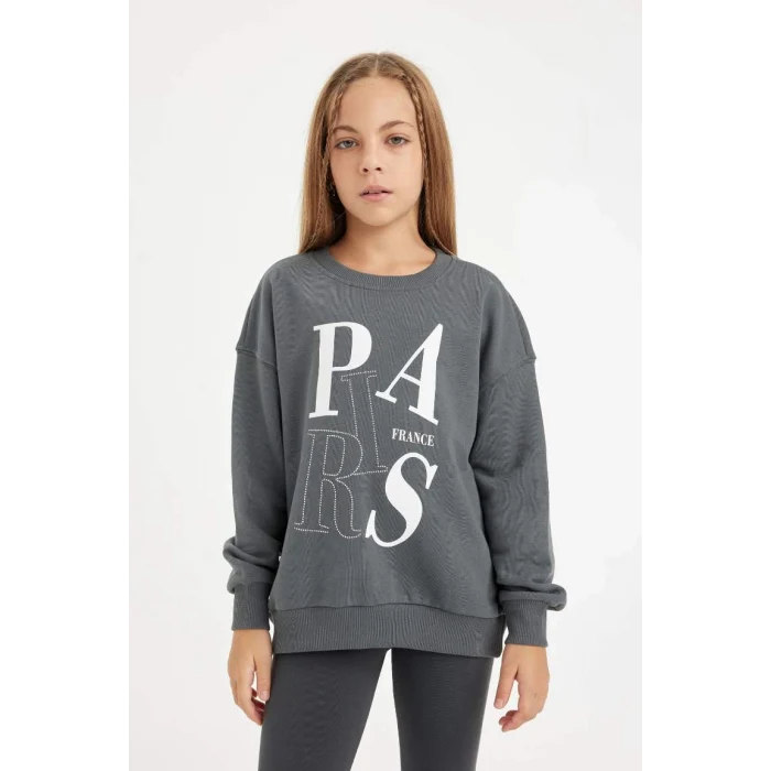 D3573 Antrasit Oversize Geniş Kalıp Bisiklet Yaka Baskılı Sweatshirt