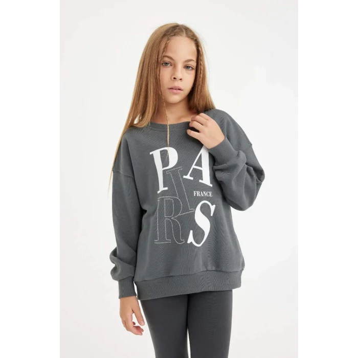 D3573 Antrasit Oversize Geniş Kalıp Bisiklet Yaka Baskılı Sweatshirt