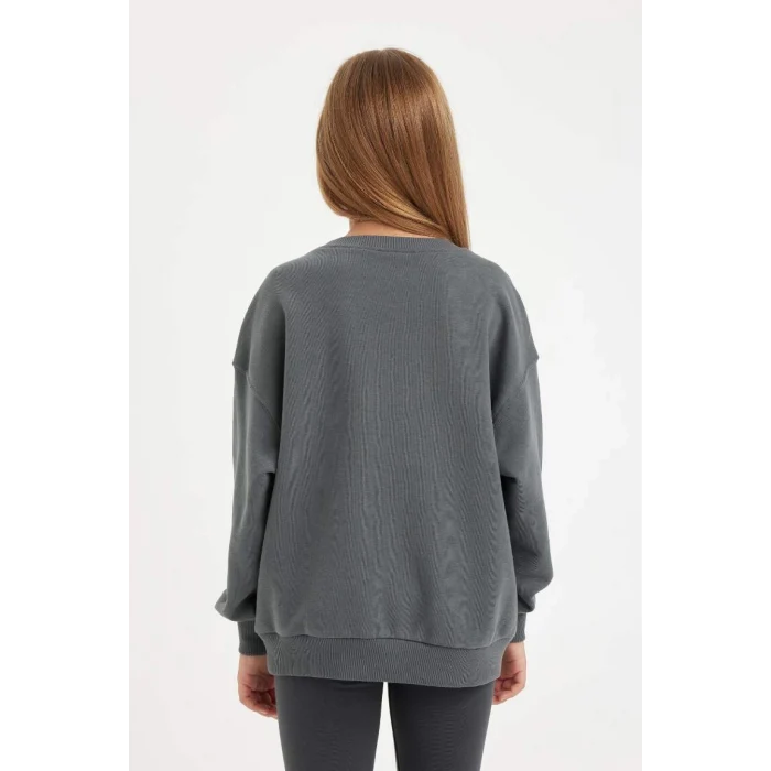 D3573 Antrasit Oversize Geniş Kalıp Bisiklet Yaka Baskılı Sweatshirt