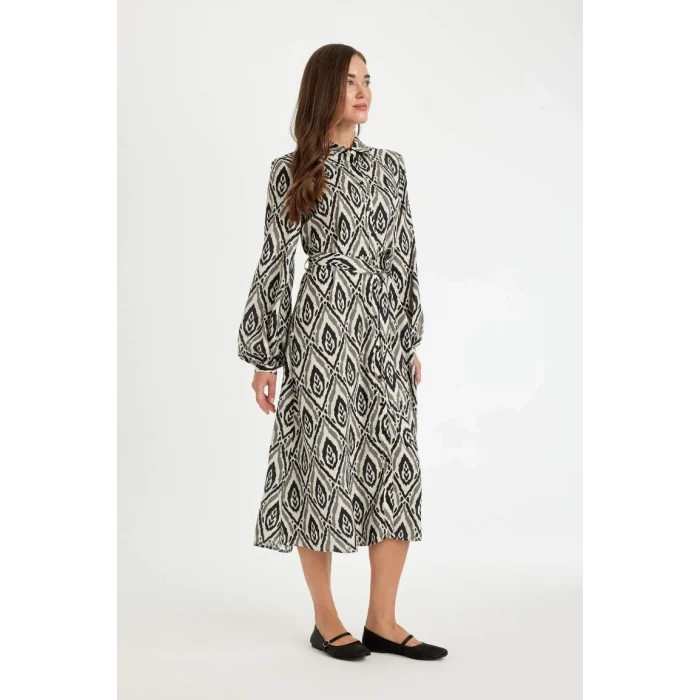 D3701 Gömlek Yaka Desenli Uzun Kollu Maxi Elbise