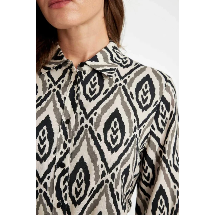 D3701 Gömlek Yaka Desenli Uzun Kollu Maxi Elbise