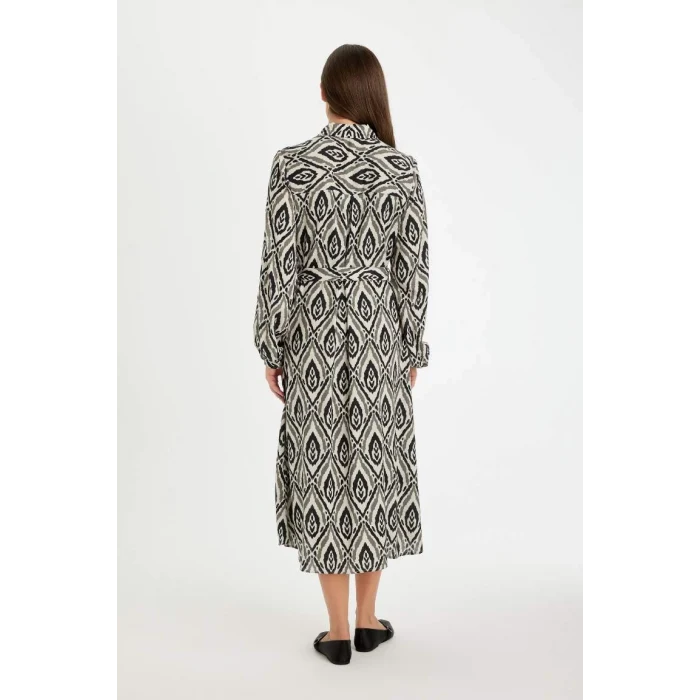 D3701 Gömlek Yaka Desenli Uzun Kollu Maxi Elbise