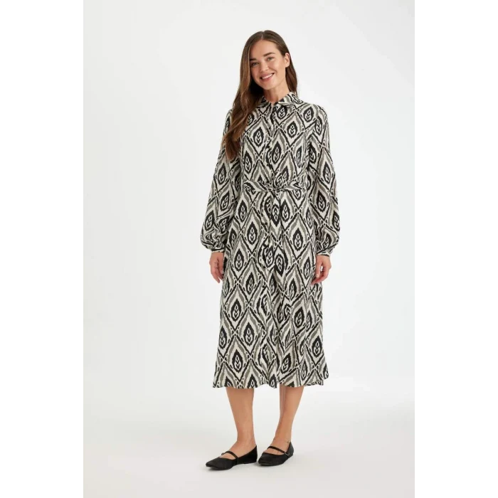 D3701 Gömlek Yaka Desenli Uzun Kollu Maxi Elbise