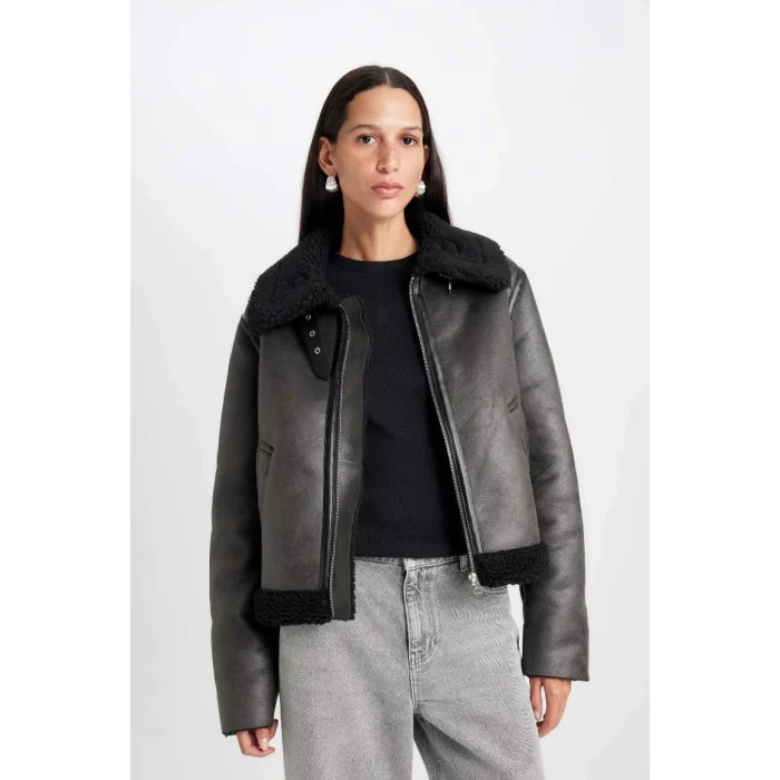 D3710 Polo Yaka Suni Deri Fermualı Cepli Mevsimlik Pelüş Astarlı Mont