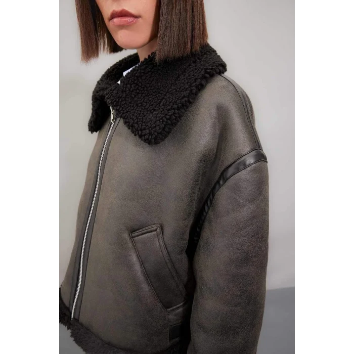 D3710 Polo Yaka Suni Deri Fermualı Cepli Mevsimlik Pelüş Astarlı Mont