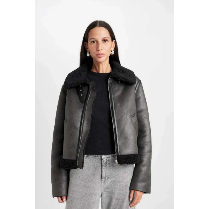 D3710 Polo Yaka Suni Deri Fermualı Cepli Mevsimlik Pelüş Astarlı Mont