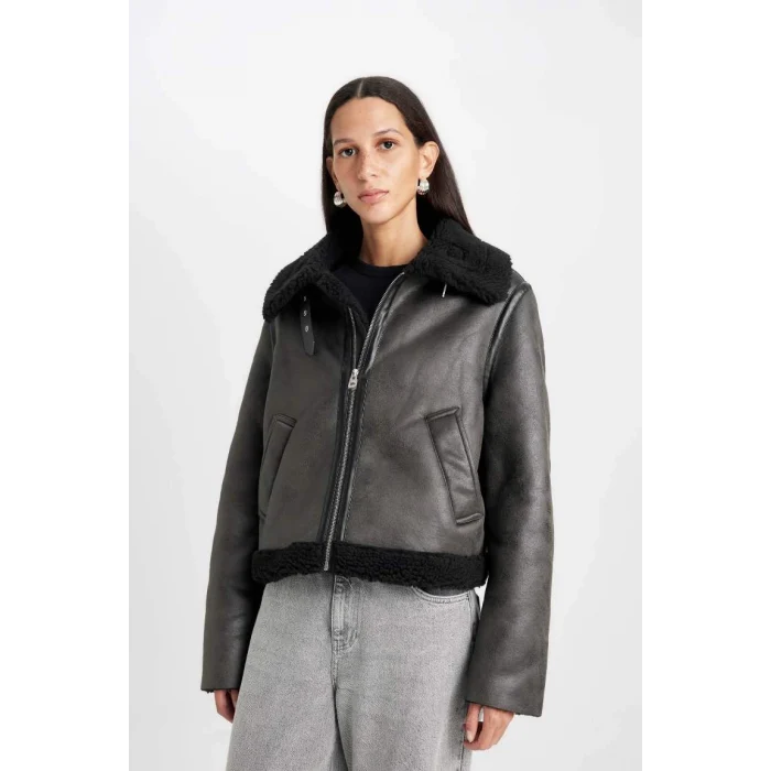 D3710 Polo Yaka Suni Deri Fermualı Cepli Mevsimlik Pelüş Astarlı Mont