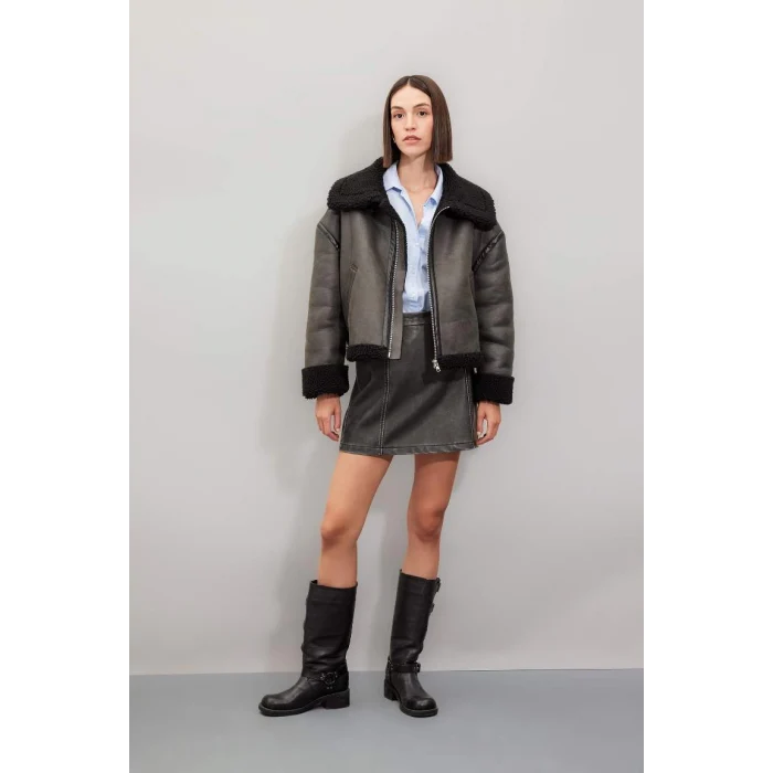 D3710 Polo Yaka Suni Deri Fermualı Cepli Mevsimlik Pelüş Astarlı Mont