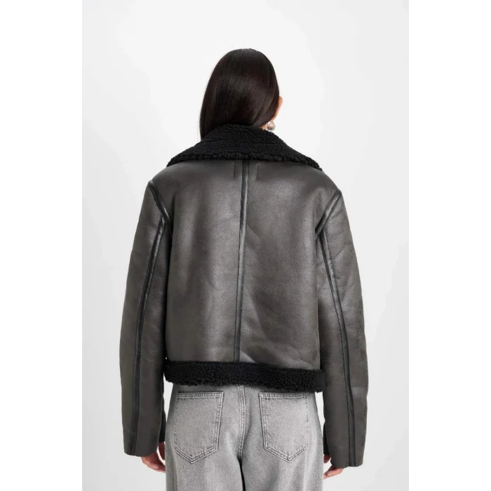 D3710 Polo Yaka Suni Deri Fermualı Cepli Mevsimlik Pelüş Astarlı Mont