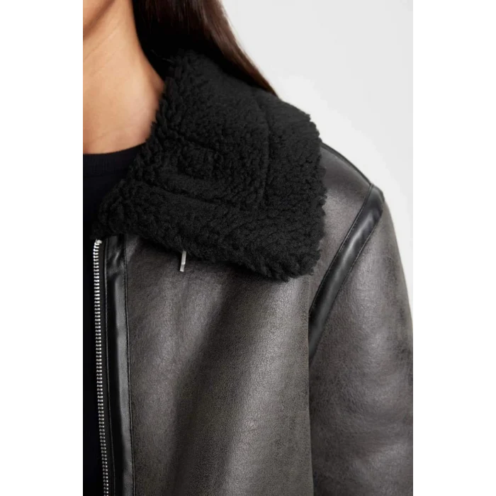 D3710 Polo Yaka Suni Deri Fermualı Cepli Mevsimlik Pelüş Astarlı Mont