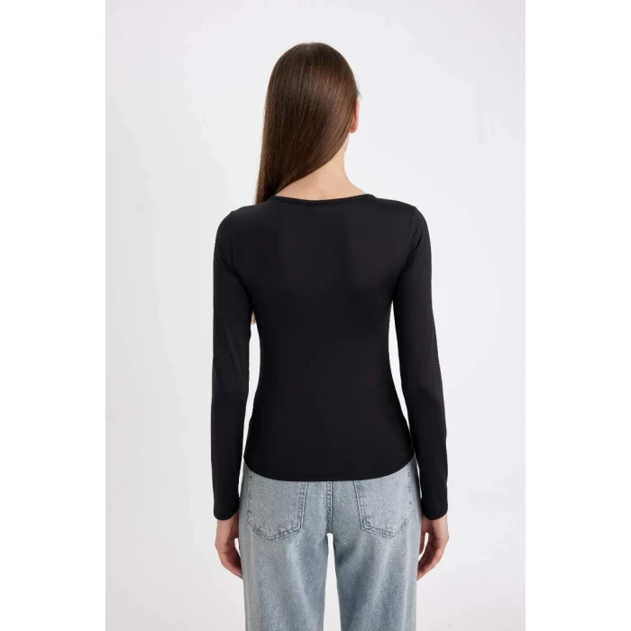 D3756 Siyah Slim Fit Dar Kesim Bisiklet Yaka Basic Düz Uzun Kollu Tişört