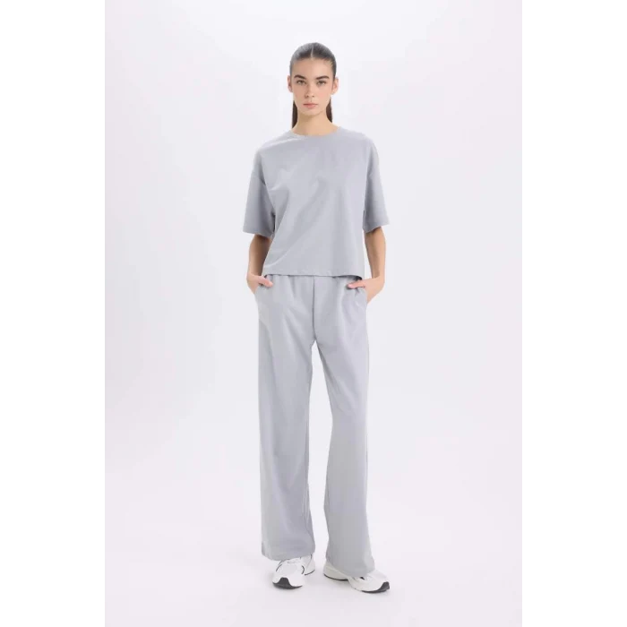D3759 Wide Leg Cepli Basic Düz Geniş Bol Paça Gri Eşofman Altı