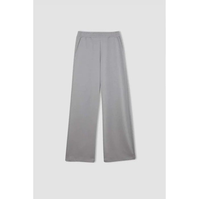 D3759 Wide Leg Cepli Basic Düz Geniş Bol Paça Gri Eşofman Altı
