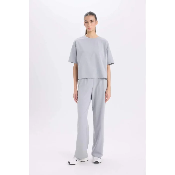 D3759 Wide Leg Cepli Basic Düz Geniş Bol Paça Gri Eşofman Altı