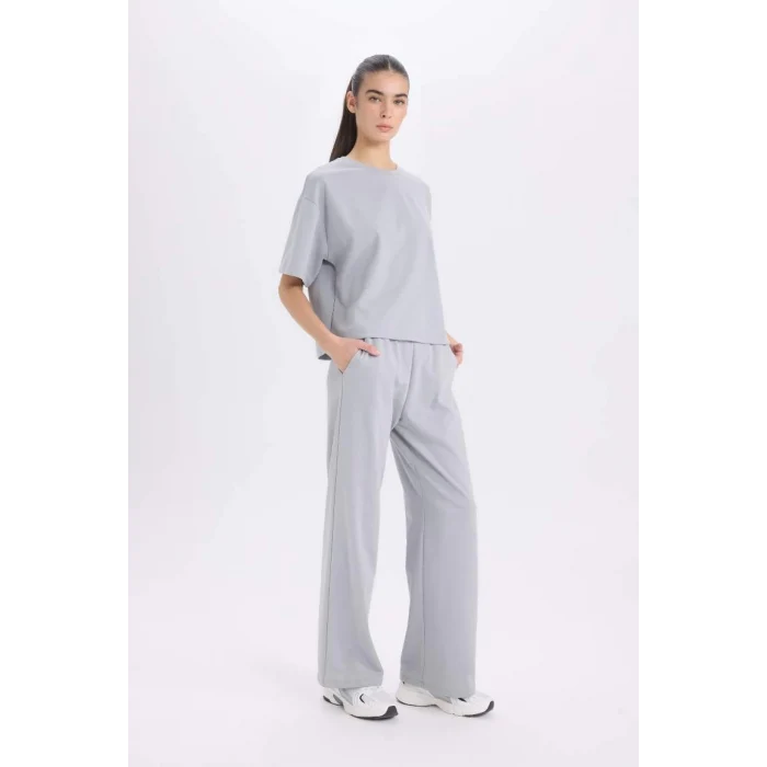 D3759 Wide Leg Cepli Basic Düz Geniş Bol Paça Gri Eşofman Altı
