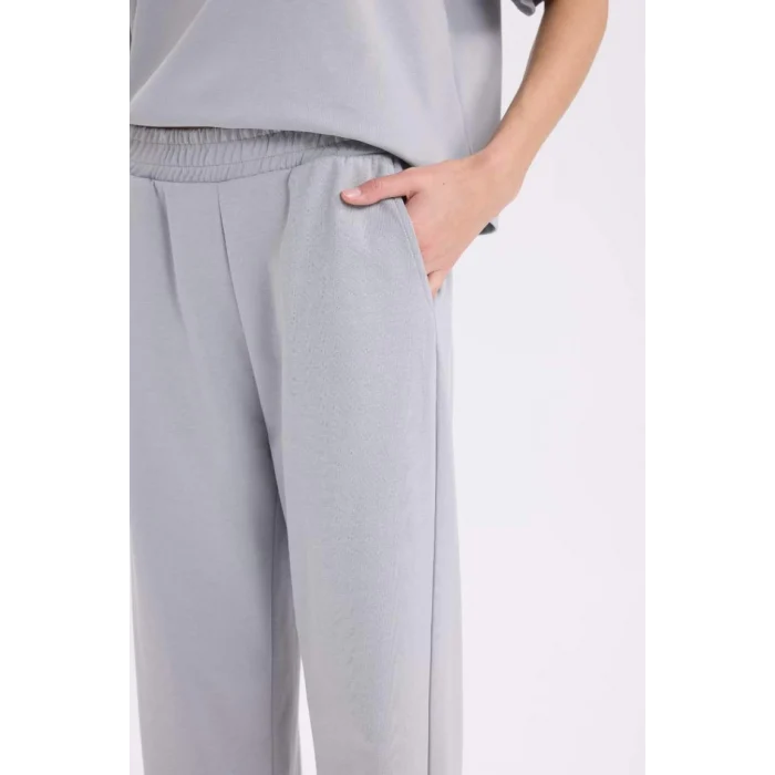 D3759 Wide Leg Cepli Basic Düz Geniş Bol Paça Gri Eşofman Altı