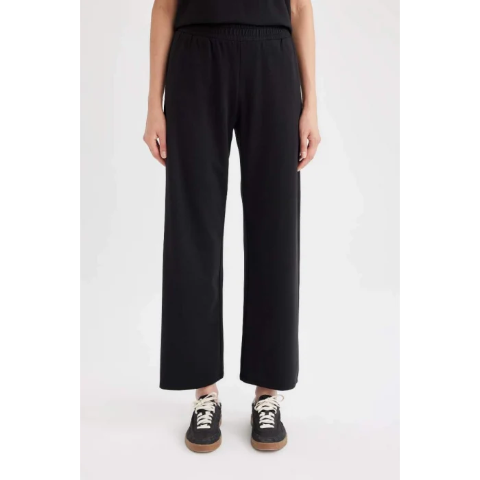D3759 Wide Leg Cepli Basic Düz Geniş Bol Paça Siyah Eşofman Altı