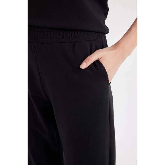 D3759 Wide Leg Cepli Basic Düz Geniş Bol Paça Siyah Eşofman Altı
