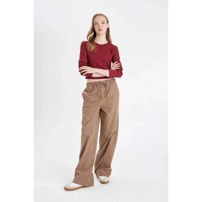 D3764 Coool Straight Fit Poplin Basic Düz Cepli Lastikli Bel Bağcıklı Pantolon