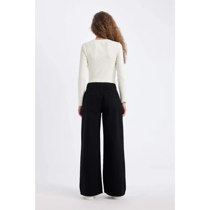 D3766 Gabardin Siyah Wide Leg Geniş Bol Paça Normal Bel Basic Düz Pantolon