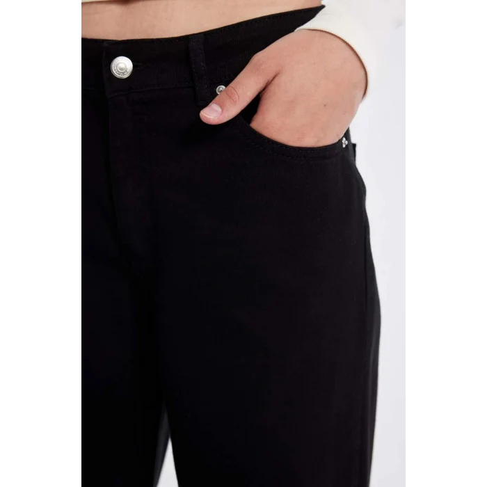 D3766 Gabardin Siyah Wide Leg Geniş Bol Paça Normal Bel Basic Düz Pantolon