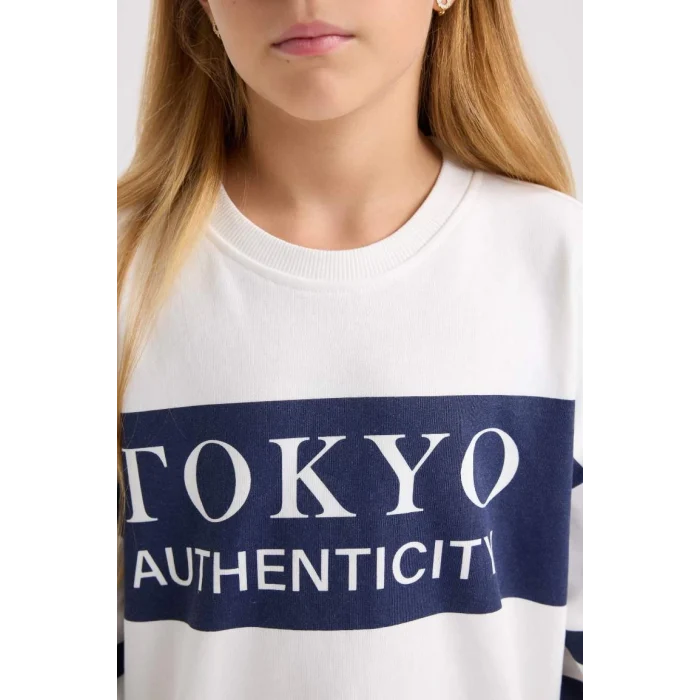 D3806 Oversize Geniş Kalıp Bisiklet Yaka Çizgili Sweatshirt