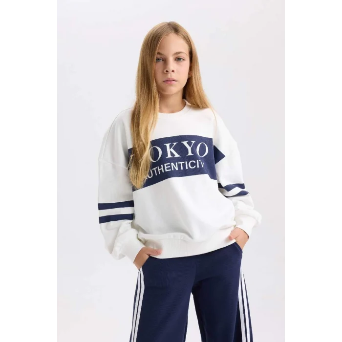 D3806 Oversize Geniş Kalıp Bisiklet Yaka Çizgili Sweatshirt