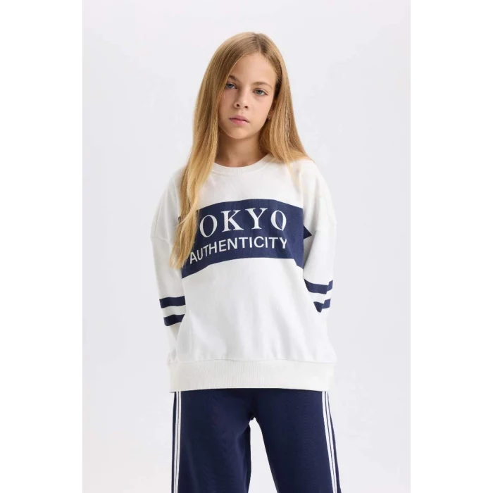 D3806 Oversize Geniş Kalıp Bisiklet Yaka Çizgili Sweatshirt