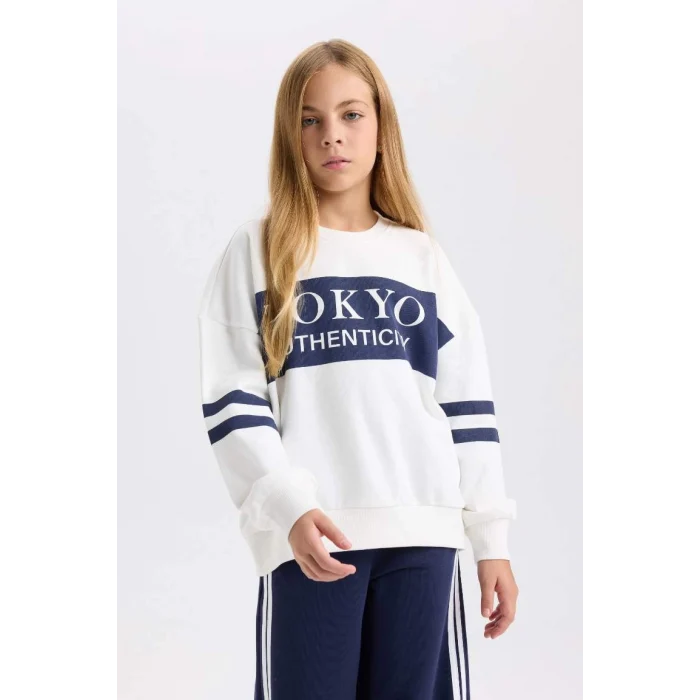 D3806 Oversize Geniş Kalıp Bisiklet Yaka Çizgili Sweatshirt